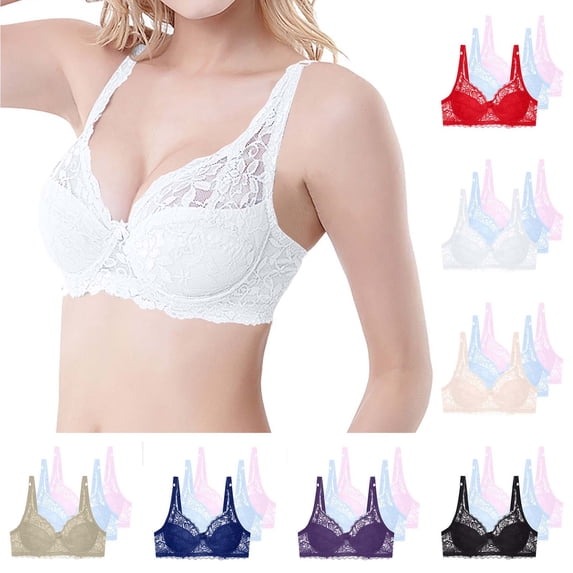 Fatuov Women's Lace Bra with Underwire Solid Color Full Coverage Supportive Comfort Bra for Home, Push Up Lightly Lined Bra 3-Pack, 34B, White