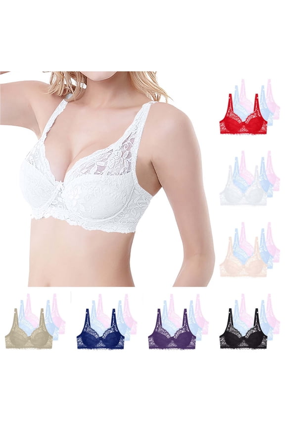 Women's Lace Bra with Underwire Solid Color Full Coverage Supportive Comfort Bra for Home, Push Up Lightly Lined Bra 3-Pack, 36B, White