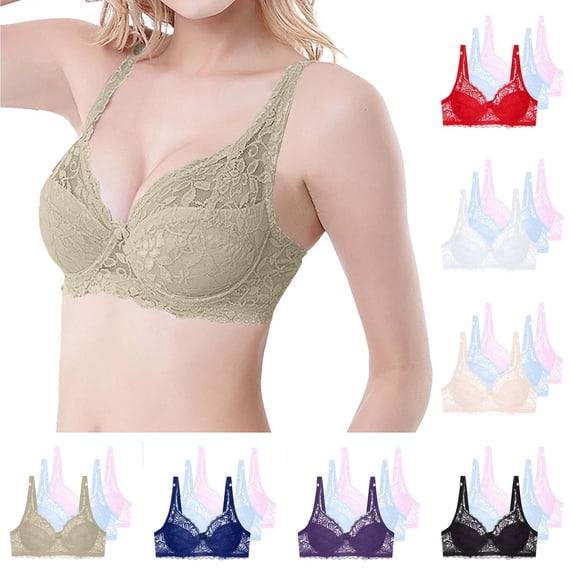 Fatuov Women's Lace Bra with Underwire Solid Color Full Coverage Supportive Comfort Bra for Home, Push Up Lightly Lined Bra 3-Pack, 40B, Khaki