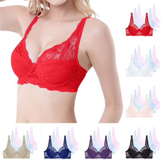 Fatuov Women's Lace Bra with Underwire Solid Color Full Coverage Supportive Comfort Bra for Home, Push Up Lightly Lined Bra 3-Pack, 40B, Red