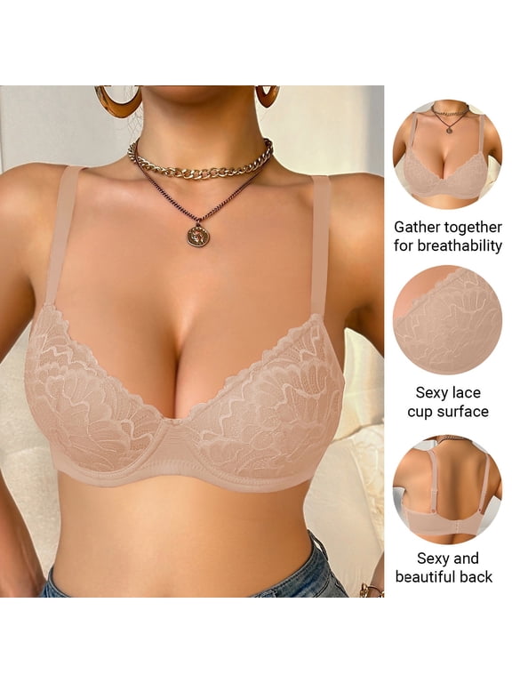 Women's Lace Underwire Bra Comfort Bra for Leisure, Full Coverage Supportive Push Up Solid Color Lightly Lined Bra 38B