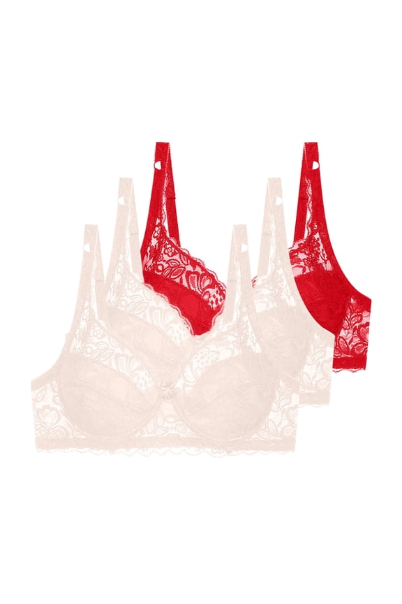 Women's Lace Underwire Bra Solid Color Push Up Breathable Daily Bra for Gift, Supportive Full Coverage Lightly Lined Bra 3-Pack, 38C, Red