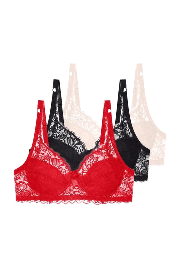 Women's Lace Wire Bra Comfort Bra for Outdoor, Supportive Full Coverage Solid Color Push Up Lightly Lined Bra 3-Pack, 36B, Beige