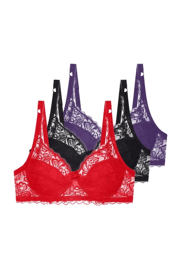 Women's Lace Wire Bra Comfort Bra for Outdoor, Supportive Full Coverage Solid Color Push Up Lightly Lined Bra 3-Pack, 36B, Purple