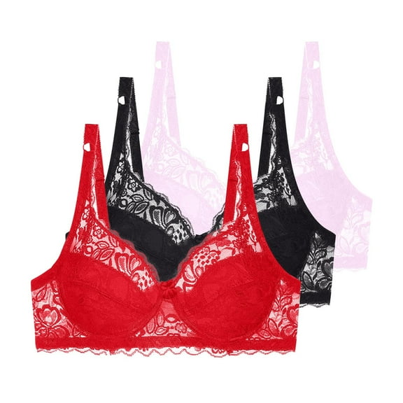 Fatuov Women's Lace Wire Bra Comfort Bra for Outdoor, Supportive Full Coverage Solid Color Push Up Lightly Lined Bra 3-Pack, 38C, Pink