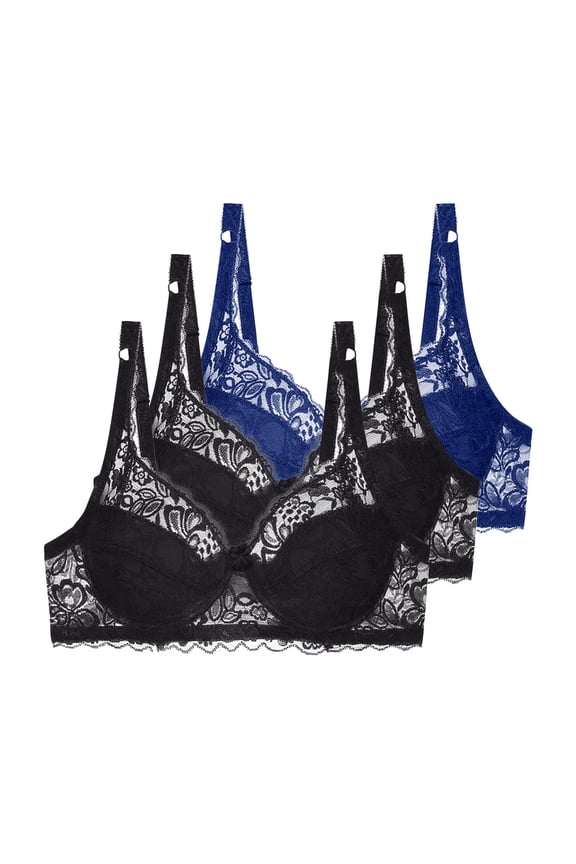 Women's Lace Wire Bra Full Coverage Solid Color Comfort Everyday Bra for Gift, Supportive Push Up Lightly Lined Bra 3-Pack, 38C, Blue