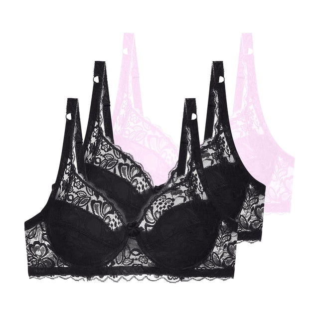 Fatuov Women's Lace Wire Bra Full Coverage Solid Color Comfort Everyday Bra for Gift, Supportive Push Up Lightly Lined Bra 3-Pack, 40B, Pink