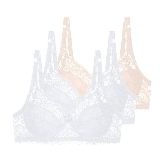 Fatuov Women's Lace Wire Bra Push Up Solid Color Breathable T-Shirt Bra for Vacation, Supportive Full Coverage Lightly Lined Bra 3-Pack, 40C, Beige