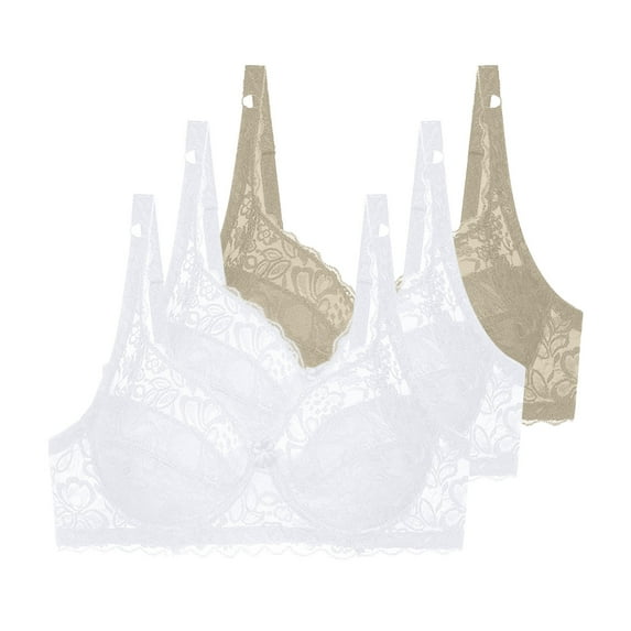 Fatuov Women's Lace Wire Bra Push Up Solid Color Breathable T-Shirt Bra for Vacation, Supportive Full Coverage Lightly Lined Bra 3-Pack, 42B, Khaki