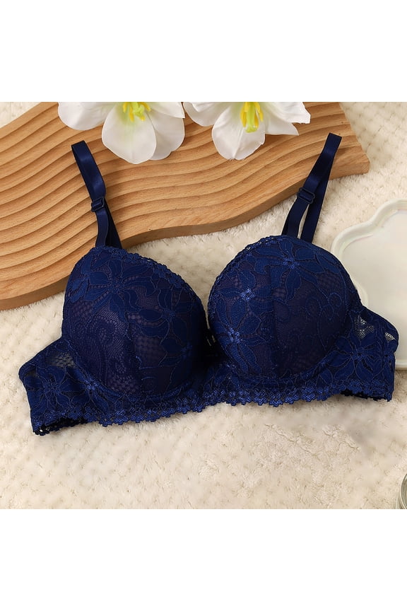 Women's Lace Wire Bra Solid Color Breathable T-Shirt Bra for Outdoor, Push Up Supportive Full Coverage Lightly Lined Bra 34B, Blue