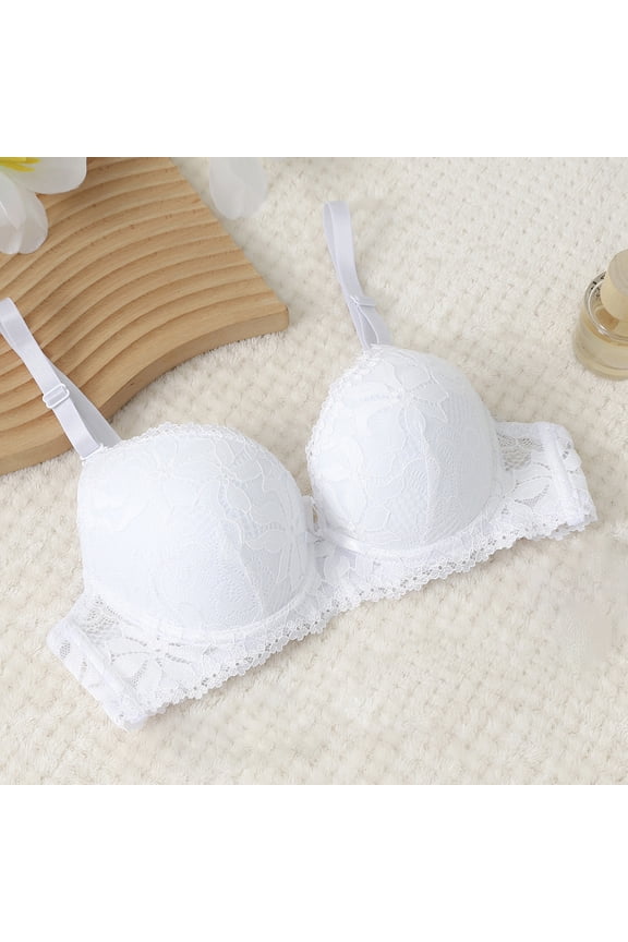 Women's Lace Wire Bra Solid Color Breathable T-Shirt Bra for Outdoor, Push Up Supportive Full Coverage Lightly Lined Bra 34B, White