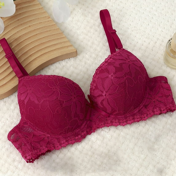 Fatuov Women's Lace Wire Bra Solid Color Breathable T-Shirt Bra for Outdoor, Push Up Supportive Full Coverage Lightly Lined Bra 38B, Wine