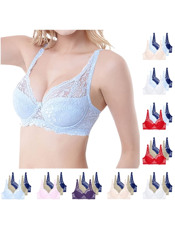 Women's Lace Wire Bra Supportive Push Up Solid Color Breathable T-Shirt Bra for Outdoor, Full Coverage Lightly Lined Bra 3-Pack, 40B,