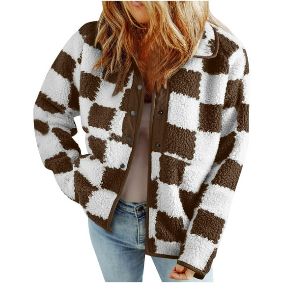 Fatuov Women's Plaid Coat Winter Warm Cozy Coats with Pocket Lightweight Long Sleeve Fleece Outdoor Shirts Brown XL