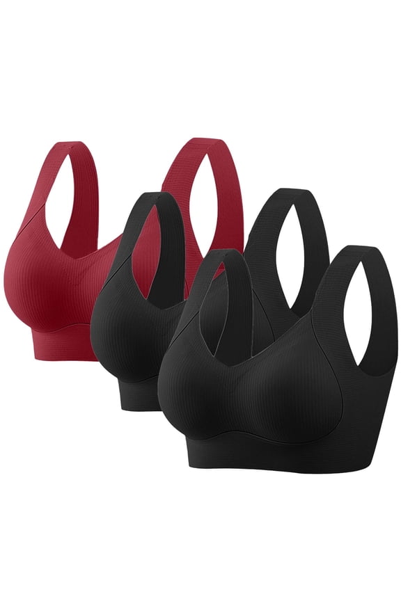 Women's Plus Size Bras Wireless Push Up All Day Comfort Bras for Travel Seamless Full Coverage Breathable T-Shirt Bras, 3-Pack, Red, 38C