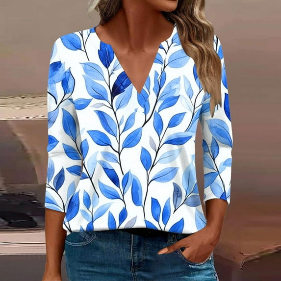 Fatuov Women's Shirts Plus Size Floral Print Casual Blouses for Home Crew Neck 3/4 Sleeve Drop Shoulder Loose Fit Comfy Shirts Multicolor, XXXXXL