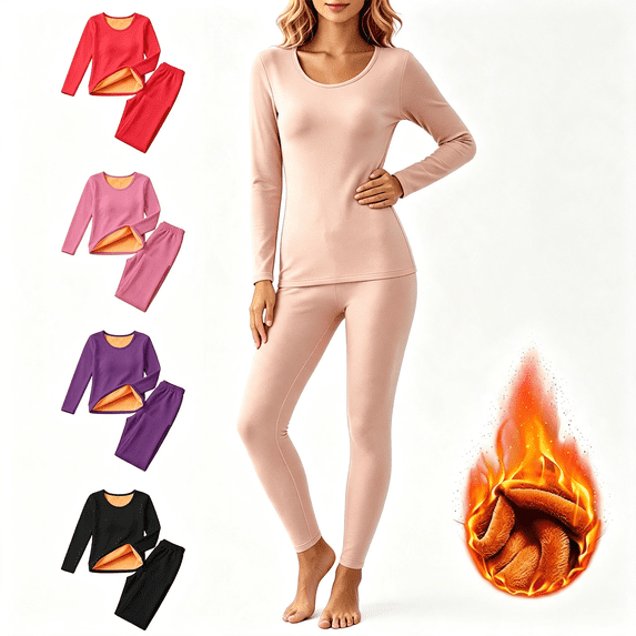 Fatuov Women's Thermal Underwear Set Fleece Lined Base Layer Set Solid Long Sleeve Shirt and Leggings Lounge Set for Cold Weather, Red, Size XS-XXL