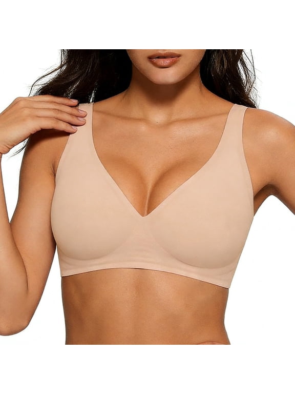 Women's Wire Free Bra Full Coverage Solid Color Lightly Lined Bralette Push Up Seamless Comfort Casual Bra 44B, Beige