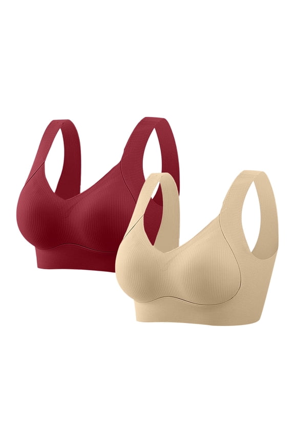 Women's Wireless Bras Plus Size Seamless Full Coverage Push Up Everyday Comfort Bras for Travel Soft T-Shirt Bras, 2-Pack, Red, 46C