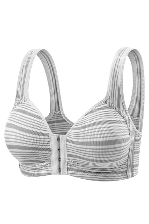 Womens Casual Bra Front Closure Push Up Lightly Lined Supportive Wireless Bralette Striped Seamless Full Coverage Soft Daily Wear Bra 34A, Gray