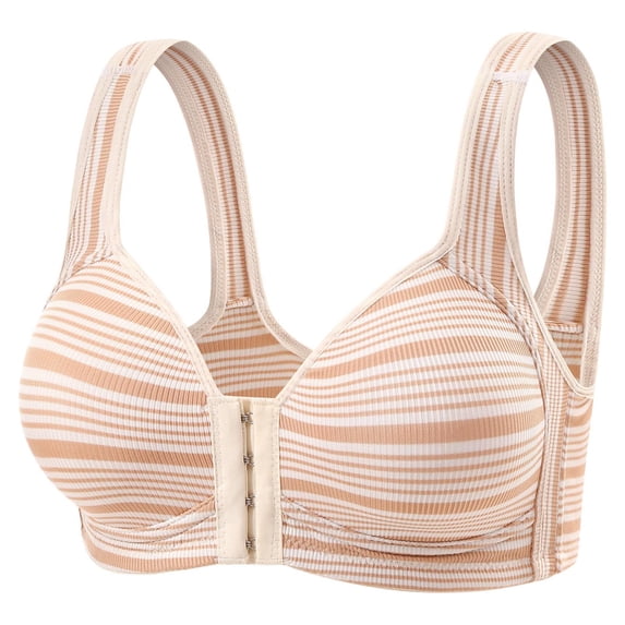 Fatuov Womens Casual Bra Front Closure Push Up Lightly Lined Supportive Wireless Bralette Striped Seamless Full Coverage Soft Daily Wear Bra 40A, Beige