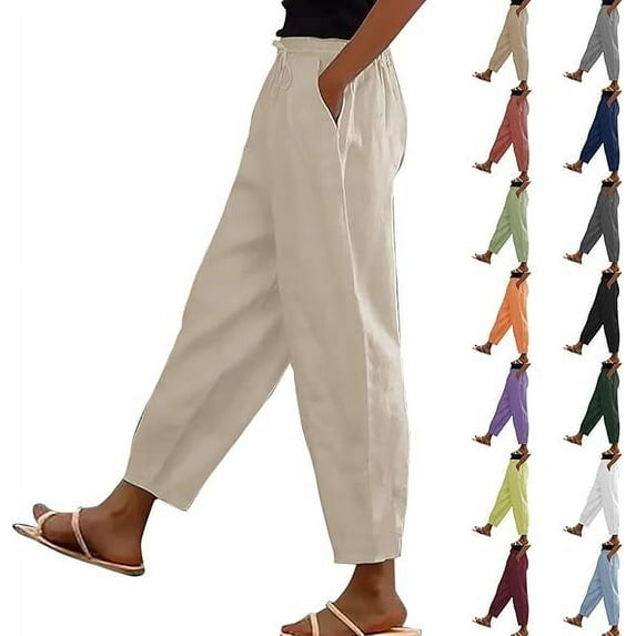 Fatuov Cotton Linen Plus Size Pants for Women - Summer Elastic Waisted Straight Leg Cargo Pants with Pocket Fashion High Waisted Loose Casual Long Pants Khaki Size S