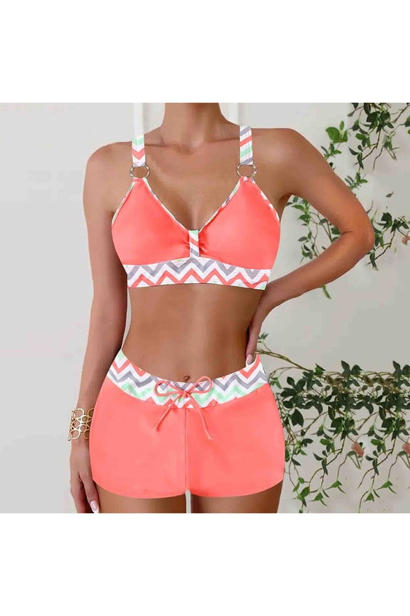 Fatuov Womens Swimwear High Waisted Bikinis Bathing Suits Summer Plus Size Beach Bikinis Graphic Print Two-Piece Swimsuit Sets Pink