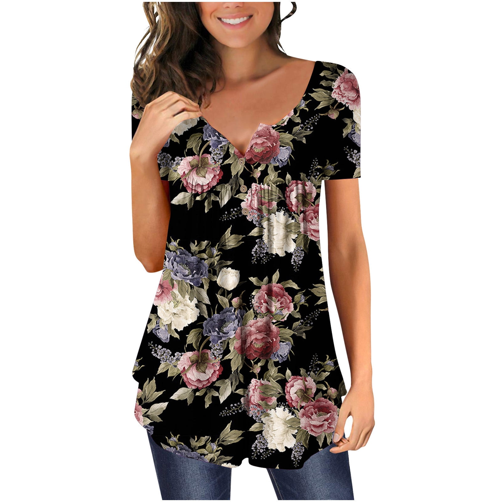 Fatuov Womens Plus Size Tops Summer Short Sleeve Floral Print Buttons ...