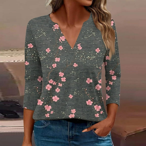Fatuov Womens Tops Plus Size Floral Print Drop Shoulder Loose Shirts for Holiday 3/4 Sleeve Crew Neck Lightweight Shirts Multicolor, S