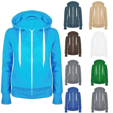 Fatuov Zip Up Hoodies for Women Plus Size Clearance Fashion Solid Color Long Sleeve Hooded Sweatshirts with Pocket Drawstring Fleece Casual Hoodies Zipper Fall Winter Clothes Light Blue XL