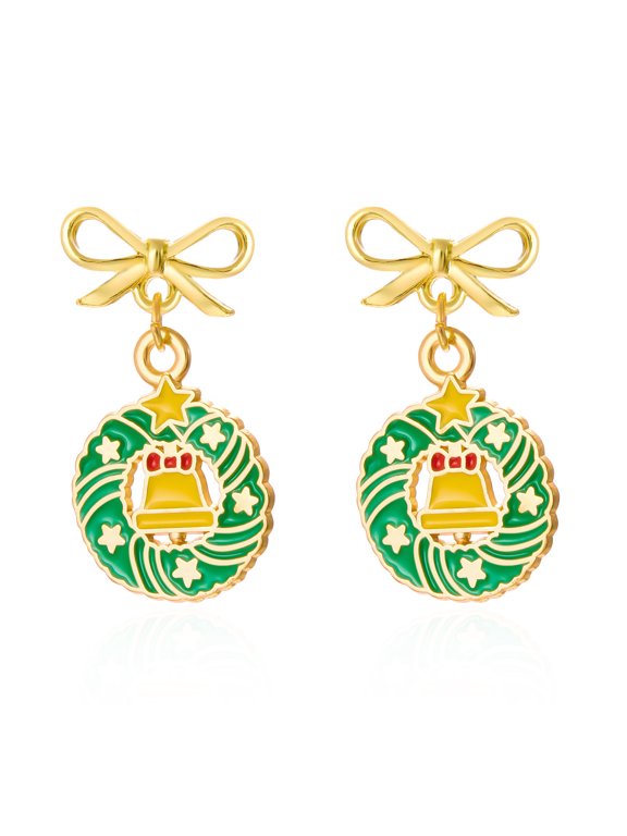 14K Gold Plated Bow Christmas Wreath Drop Dangle Earrings, Enamel Green Wreath Pendant Inlaid Star Accents & Hanging Bell Charm, Xmas Ear Jewelry Gift For Women Ladies