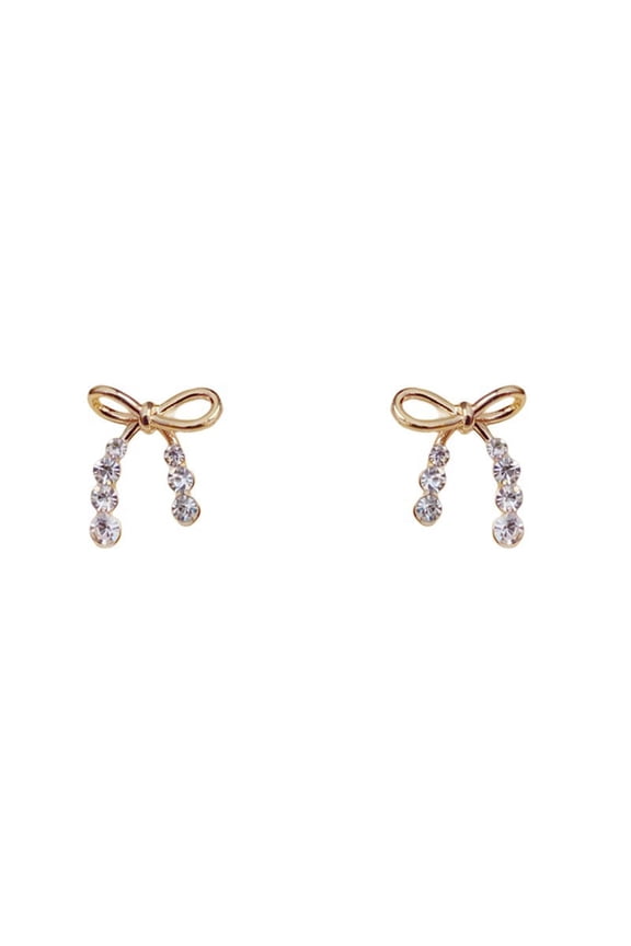 14K Gold Plated Bow Earrings Dainty Crystal Tassel Drop Earrings with Double Chains, Elegant Bowknot Studs for Women, Perfect for Daily Wear, Parties Gift Giving