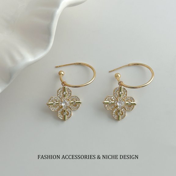 Faty-T 14k Gold Plated Minimalist Small Hoop Dangle Earrings, Pave Clear Cubic Zirconia Inlaid Hollow Four Leaf Clover Charm Drop Earrings for Women