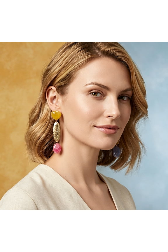 14k Gold Plated Natural Stone Drop Earrings, Irregular Yellow Chalcedony, Textured Gold Oval, Pink Stone Dangle Statement Earring Long Drop Evening & Daily Wear Jewelry