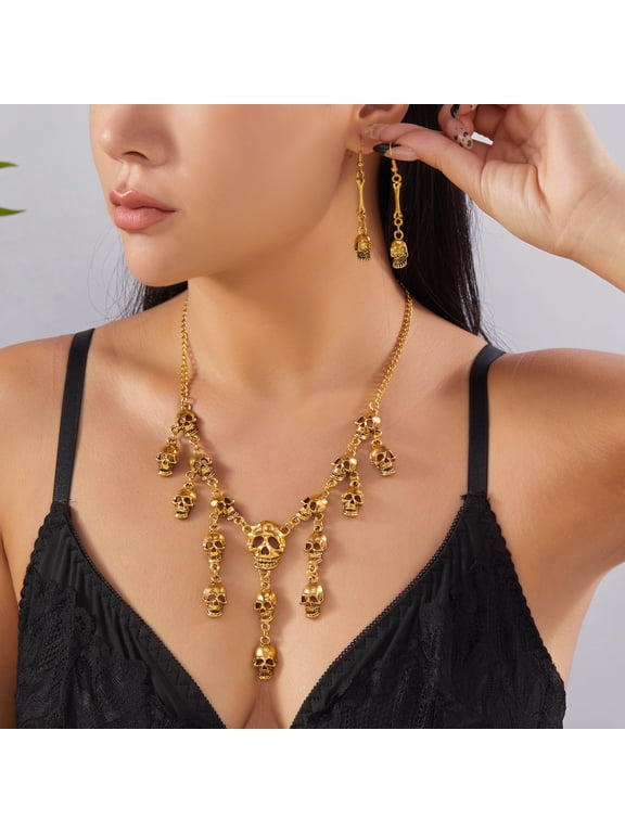 14k gold plated Skull Tassel Jewelry Set, Gothic Multi‑Skull Bib Pendant Necklace & Drop Dangle Earring Kit for Women, Vintage Spooky Costume Jewelry for Halloween Party Cosplay Themed Events