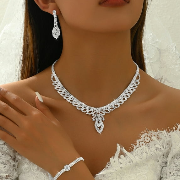 Faty-T 3 pcs Necklace Set for Women, Wedding Jewelry Sets for Brides, Jewelry Set with White AAA Cubic Zirconia, for Bridal Bridesmaid