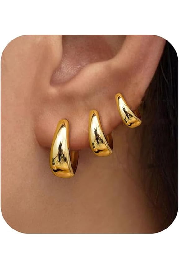 3Pairs 𝐆𝐨𝐥𝐝 𝐇𝐨𝐨𝐩 𝐄𝐚𝐫𝐫𝐢𝐧𝐠𝐬 Set for Women Trendy Chunky Huggie Dainty Earrings Jewelry for Women Style 01