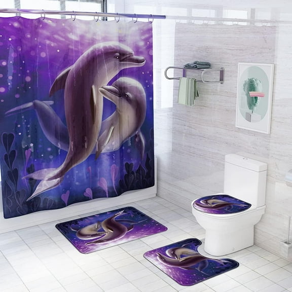 Faty-T 4PCS Cute Dolphin Bathroom Set with Shower Curtain and Rugs, Toilet Lid Cover and Bath Mat, with 12 Hooks For Bathroom Accessories Decor Set