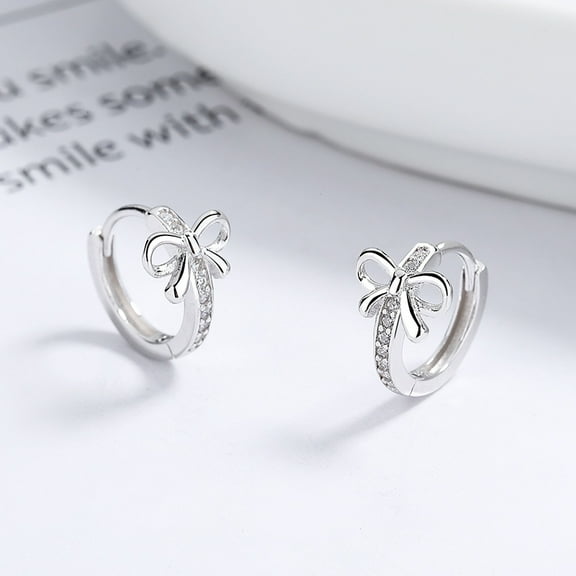 Faty-T 925 Sterling Silver CZ Bow Hoop Earrings Ribbon for Women Teens Bowknot Hoop Earrings Huggie