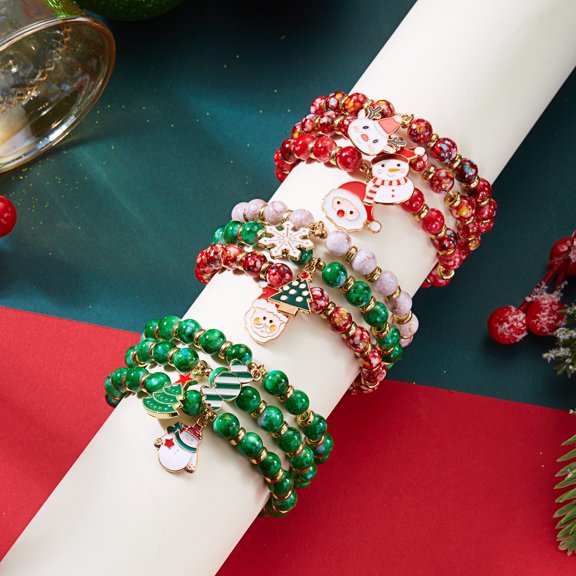 Faty-T 9pcs Christmas Glass Bead Stackable Bracelet Set, Enamel Santa Snowman Snowflake Xmas Tree Charm Stretch Festive Holiday Jewelry for Women