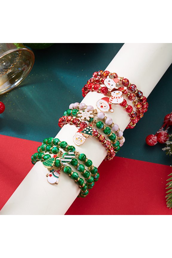 9pcs Christmas Glass Bead Stackable Bracelet Set, Enamel Santa Snowman Snowflake Xmas Tree Charm Stretch Festive Holiday Jewelry for Women