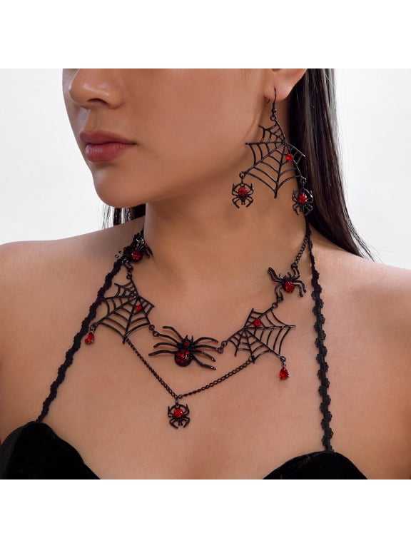 Black Spider Web Jewelry Set, Red Accent Crystal Spider Choker Necklace & Long Dangle Spider Web Earring Kit for Women, Gothic Spooky Costume Jewelry for Halloween Party