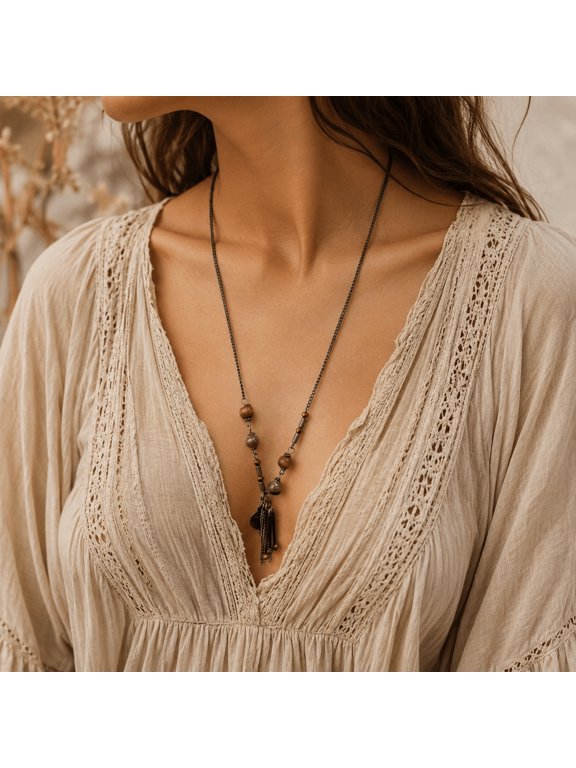 Bohemian Long YDrop Pendant Necklace, VintageStyle Beaded Tassel Drop Design, Adjustable Chain Statement Neck Ornament For Boho Outfits, Casual Holiday And Festival Occasion Styling