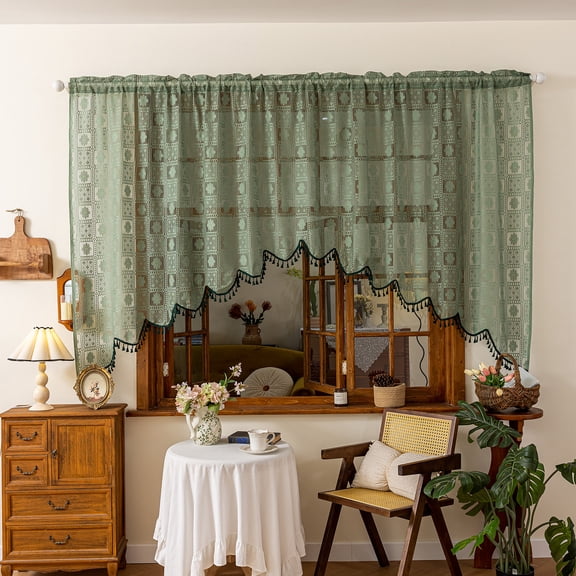 Faty-T Boho Crochet Swag Curtain Valance with Tassels, Lace Floral Embroidered Semi Sheer Kitchen Valance Rod Pocket Vintage Window Treatments for Living Room Farmhouse Bathroom