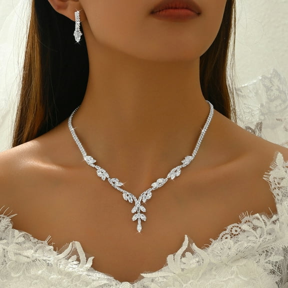 Faty-T Brishow Silver Wedding Jewelry Sets Rhinestone Leaf Necklace and Earings with Bracelet Formal Costume Jewerly for Women and Brides