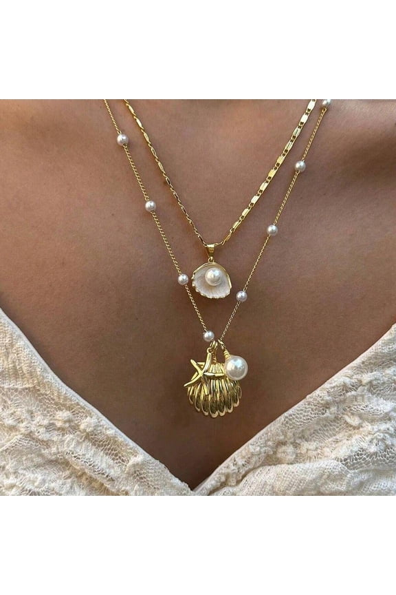 Charm Necklaces for Women,14k Gold Plated Waterproof Dainty Choker Necklace Summer Seashell Imitation Pearl Beach Cute Necklaces Set Fashion Jewelry Gift