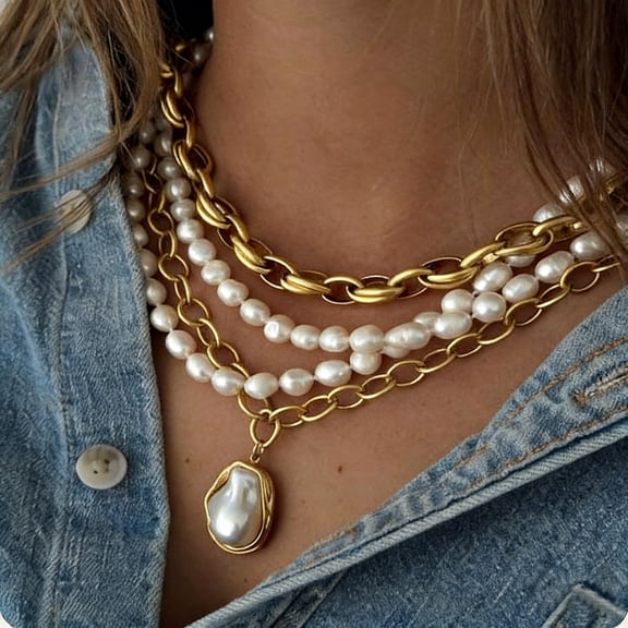 Faty-T Charm Necklaces for Women,14k Gold Plated Waterproof Dainty Choker Necklace Summer Seashell Imitation Pearl Beach Cute Necklaces Set Fashion Jewelry Gift