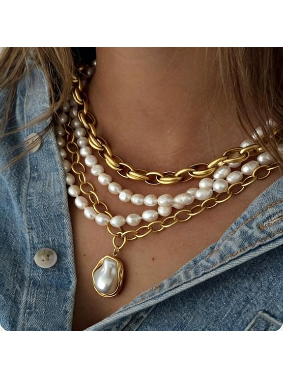 Charm Necklaces for Women,14k Gold Plated Waterproof Dainty Choker Necklace Summer Seashell Imitation Pearl Beach Cute Necklaces Set Fashion Jewelry Gift