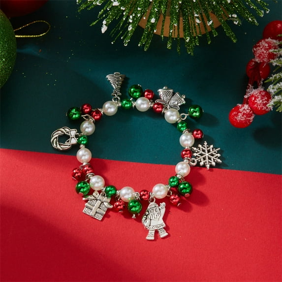 Faty-T Charming Christmas-Themed Beaded Bracelet with Santa & Tree Charms - Stretchy Resin Bracelet for Women, Ideal Holiday Gift, Christmas Bracelet