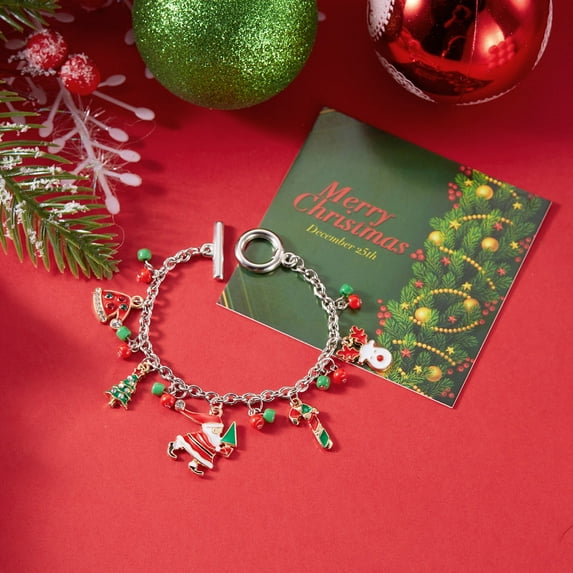 Faty-T Christmas Charm Bracelet, Alloy Link Chain, with Santa, Reindeer, Bell, and Stocking Charms, for Daily Wear and Festive Celebrations, All-Season Holiday Jewelry